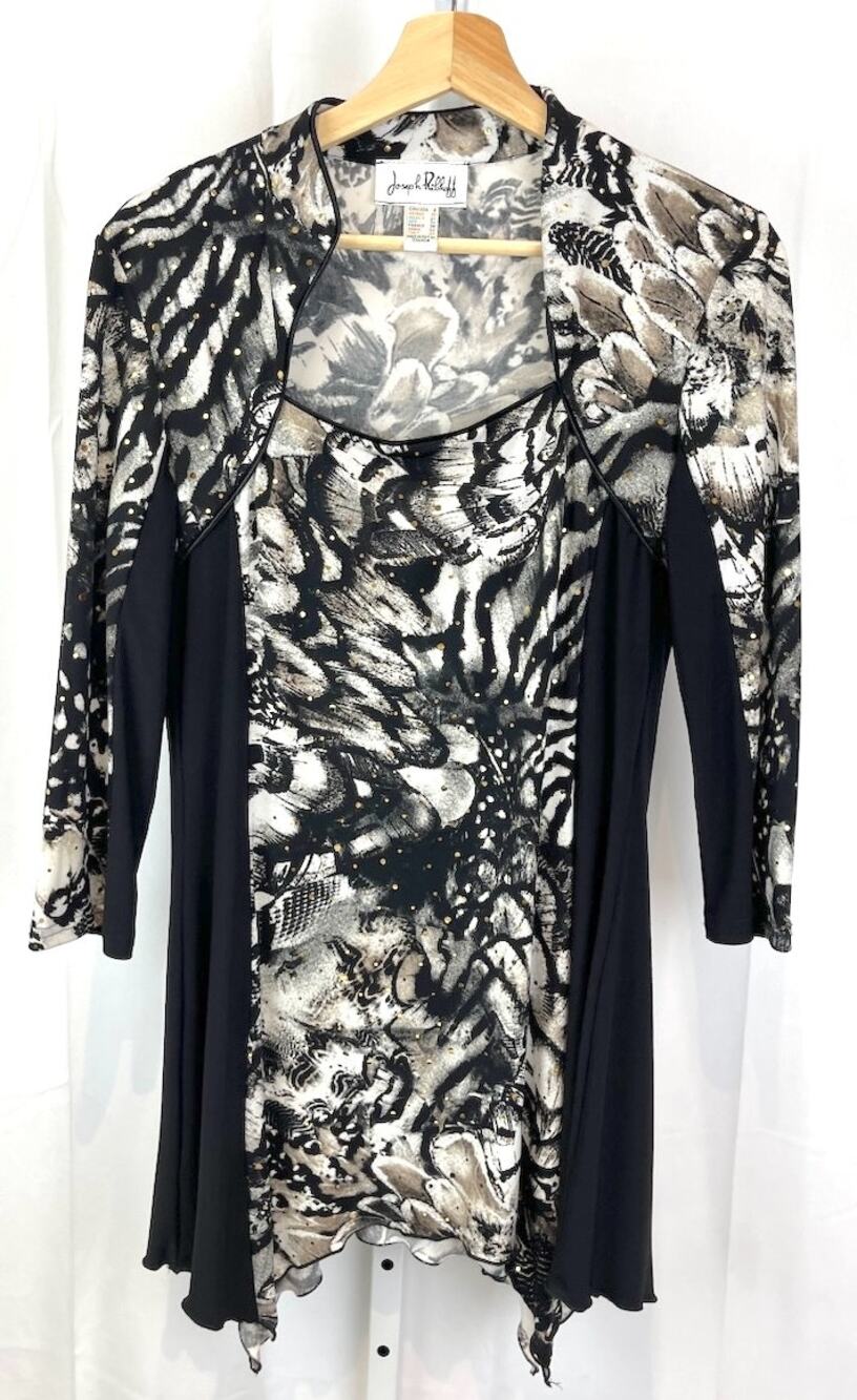 JOSEPH RIBKOFF Sz 8 Printed Queen Anne Square Neck Top 3/4 Sleeve Black Tan Gold